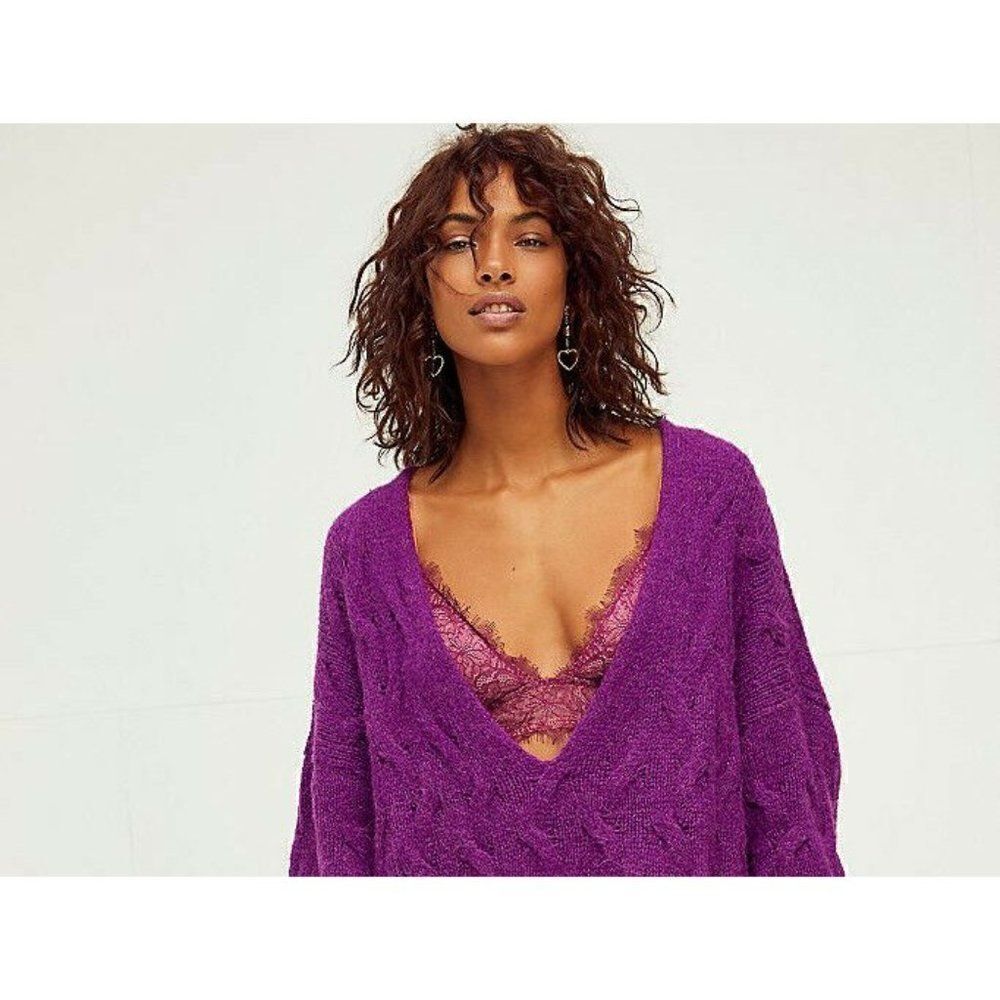 NEW FREE PEOPLE Sz XS JUNE CABLE V NECK SWEATER LONGLINE SLOUCHY KNIT TUNIC - Picture 2 of 6